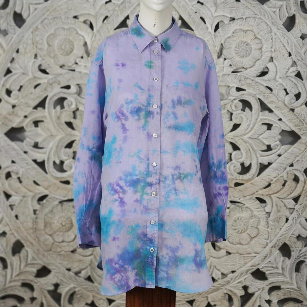 GAP 100% Linen Weekend Tunic XXS Purple Blue Tie Dye Shirt Women
